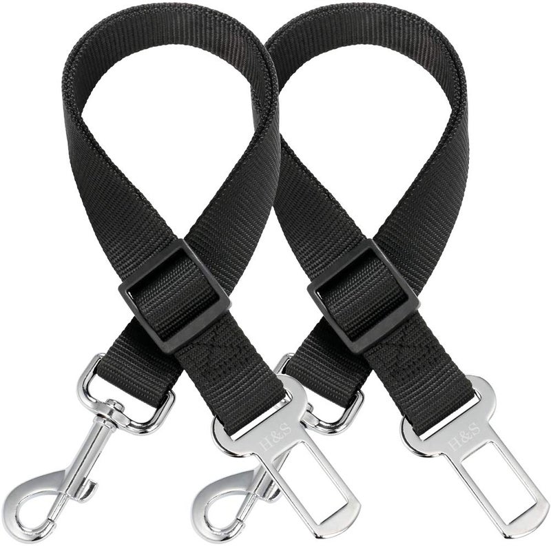 H&S Dog Seat Belt for Car Traveling - Adjustable Nylon Seat Belt for Dogs with Steel Buckles - 2pcs - Black Lead Restraint Harness with Attachment Clip for Dog's Safety - Image 1